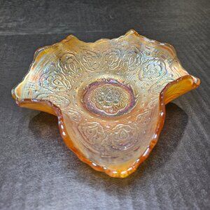 Vintage Fenton Persian Medallion Marigold Carnival Glass Ruffled Bon Bon Dish